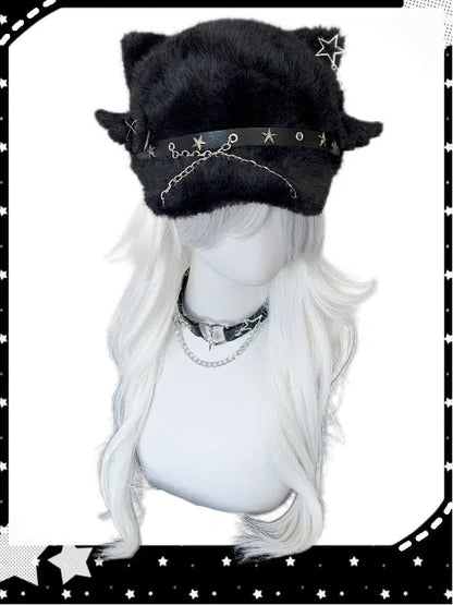 Chain Hat with Wing Punk Hardware Beret Cat Black Ear Plush Detail Angel