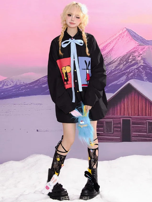 Black Cartoon Animal Appliques Shirt