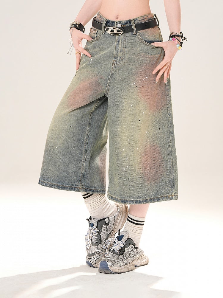 ブルーのローライズ ダメージ加工 スパンコールディテール ストレートレッグジーンズ