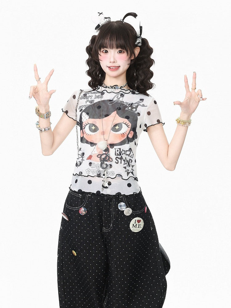 Cartoon Girl & Polka Dot Print White Mesh Short Sleeve T-Shirt - Languid Park