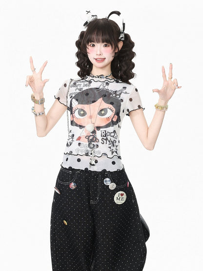 Cartoon Girl & Polka Dot Print White Mesh Short Sleeve T-Shirt - Languid Park