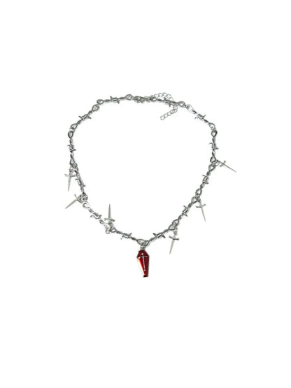 Gothic Red Necklace Coffin Cross Silver Pendant and