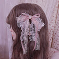 Heart Pendant Lace Bow Hairclip Rhinestone with Black/Pink