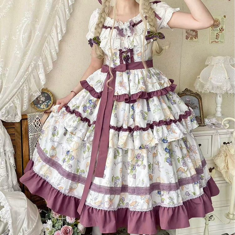 Lolita-Rüschen und Eiscreme-Lila-Rock, gestuftes Blaubeerkleid, Besatz mit Print