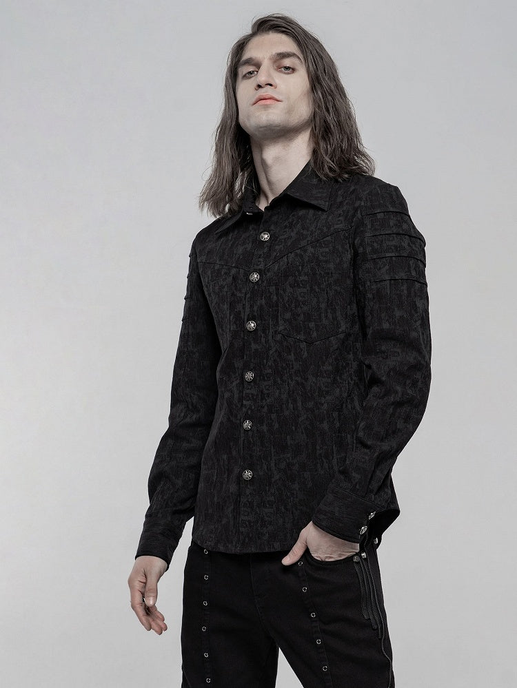 Chemise noire homme à manches longues élastique et jacquard style punk