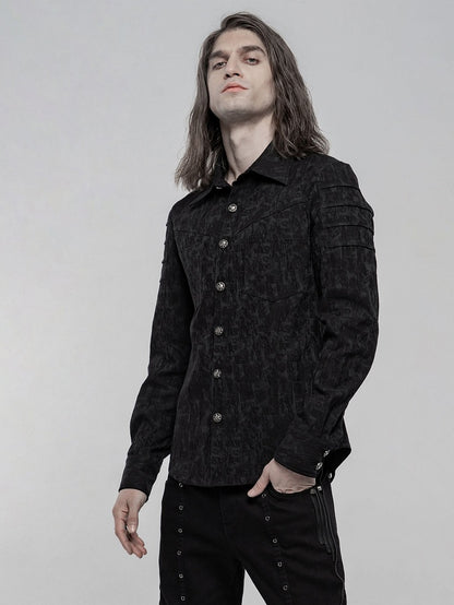 Chemise noire homme à manches longues élastique et jacquard style punk