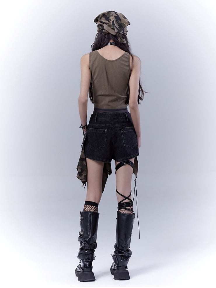 Taillen-Camouflage-Taschentuchsaum, tiefes Detail, Schnürung, Distressed-Denim-Skort