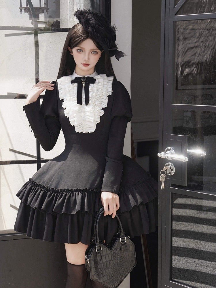 White Ruffles Bodice Black Long Juliette Sleeves Lolita Slimming Dress