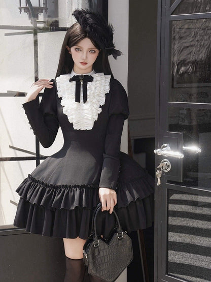 White Ruffles Bodice Black Long Juliette Sleeves Lolita Slimming Dress