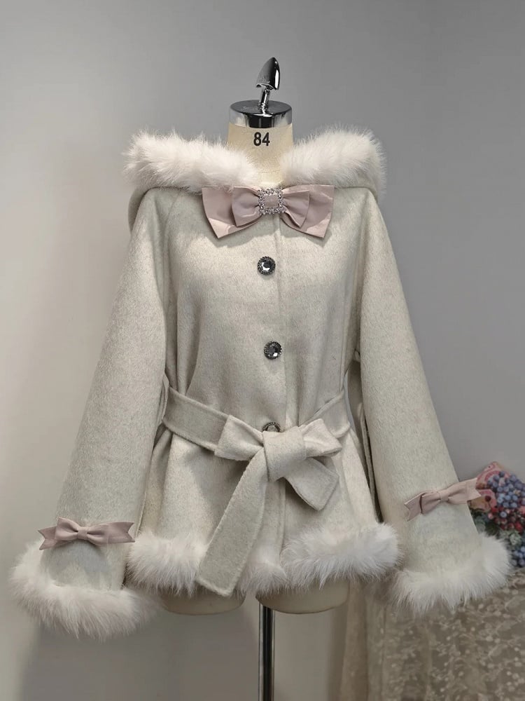Clean Kei x Jirai Kei Apricot Wool Cape with Detachable Back Bunny Ears & Plush Trim