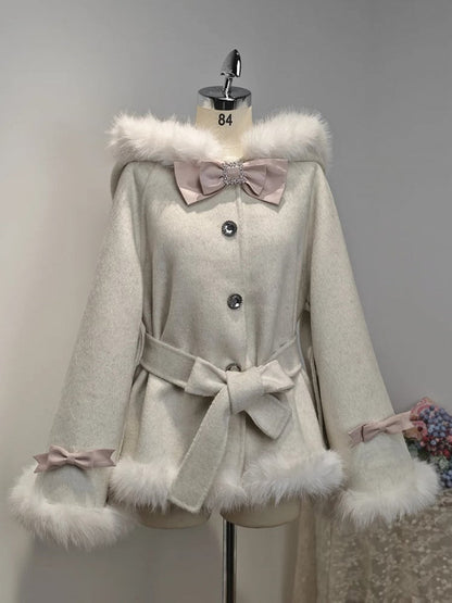 Clean Kei x Jirai Kei Apricot Wool Cape with Detachable Back Bunny Ears & Plush Trim