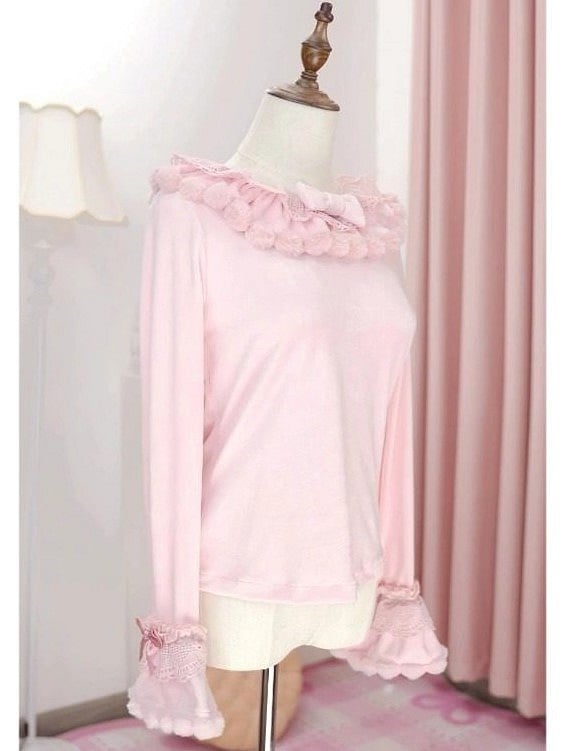 Long-Sleeve Bow Lolita with Top Pink Cuffs Plush Details and