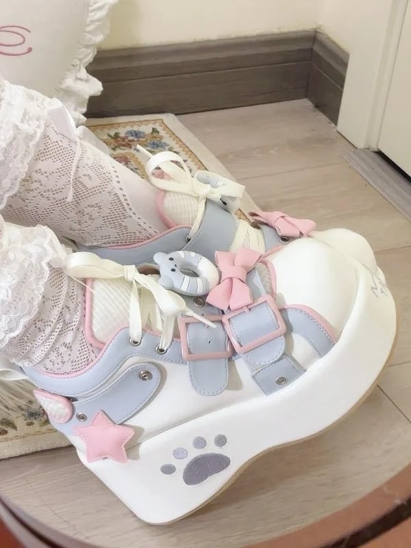 Platform - Embroidery Lolita Blue White Sweet Regular/Thicken Sneakers Version Paw