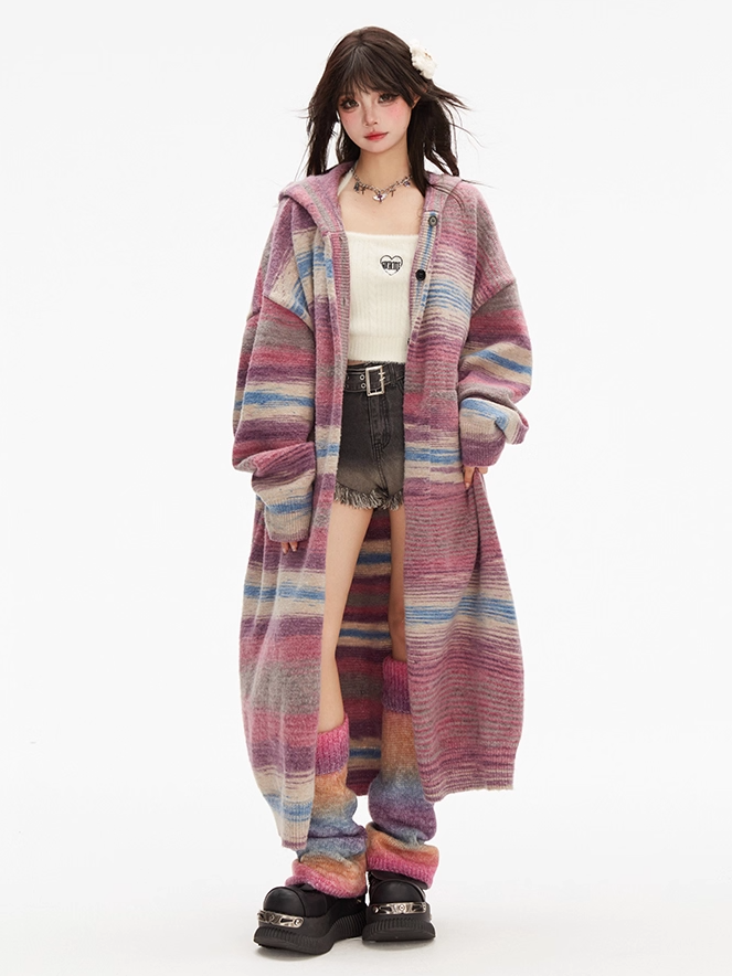 Button Placket Purple Hood Gradient Striped with Pink Knit Cardigan