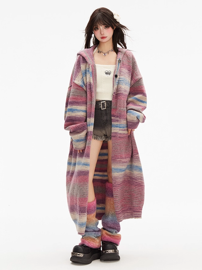 Button Placket Purple Hood Gradient Striped with Pink Knit Cardigan