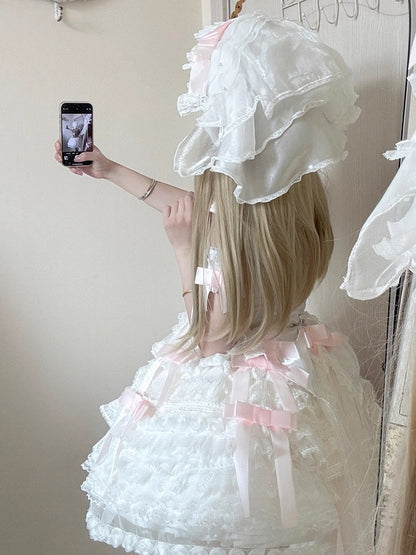 Dress Pink Off-the-shoulder Lolita Sweet Bow White Layered Hime Accents with Lace Ruffles