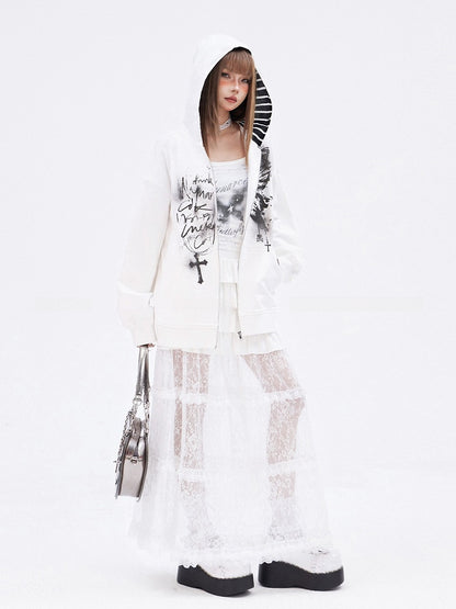 White Butterfly Cross Print Zip Closure Long Sleeves Hoodie