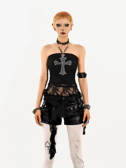 Sheer Tube Black Lace Punk Y2K Top with Rhinestone Cross