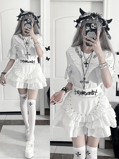 Straps Peter Pan White CollarBuckle Blousewith Sleeve Short Gothic Ruffled