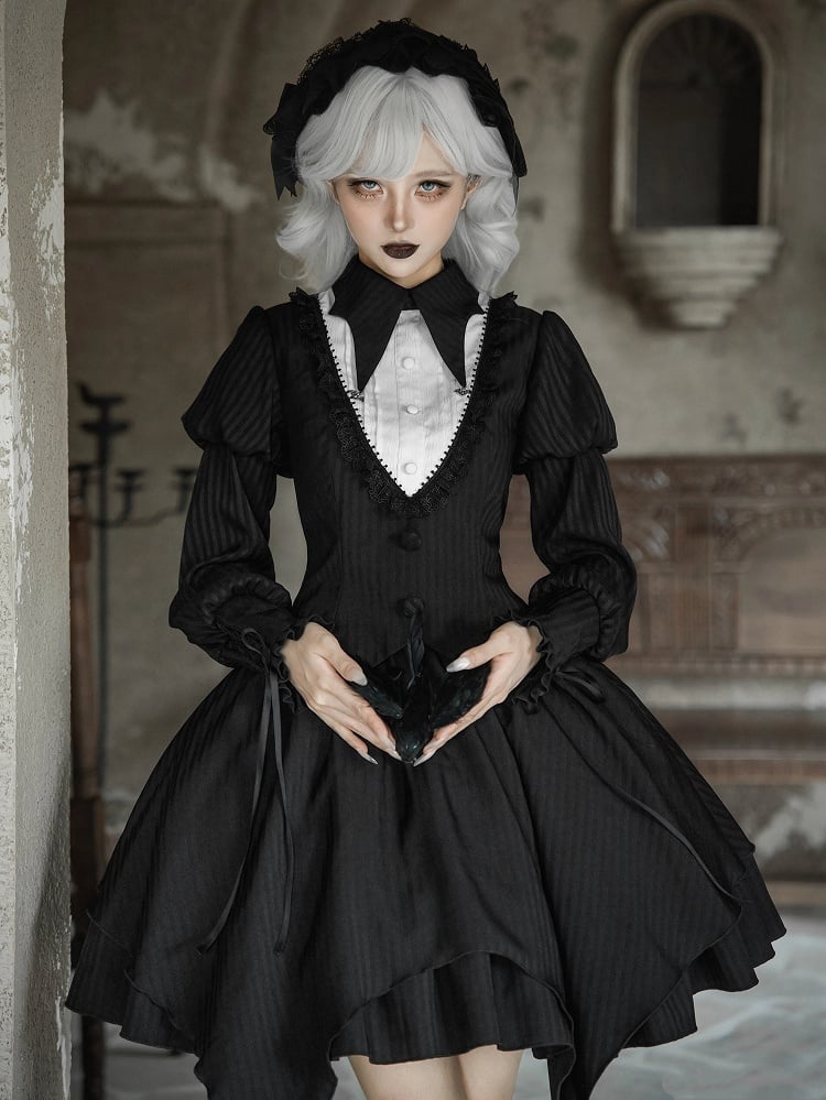 Version Jabot Juliette Tie Skirt Top - Black Full Short + Gothic Apron Set Lolita Sleeves Striped