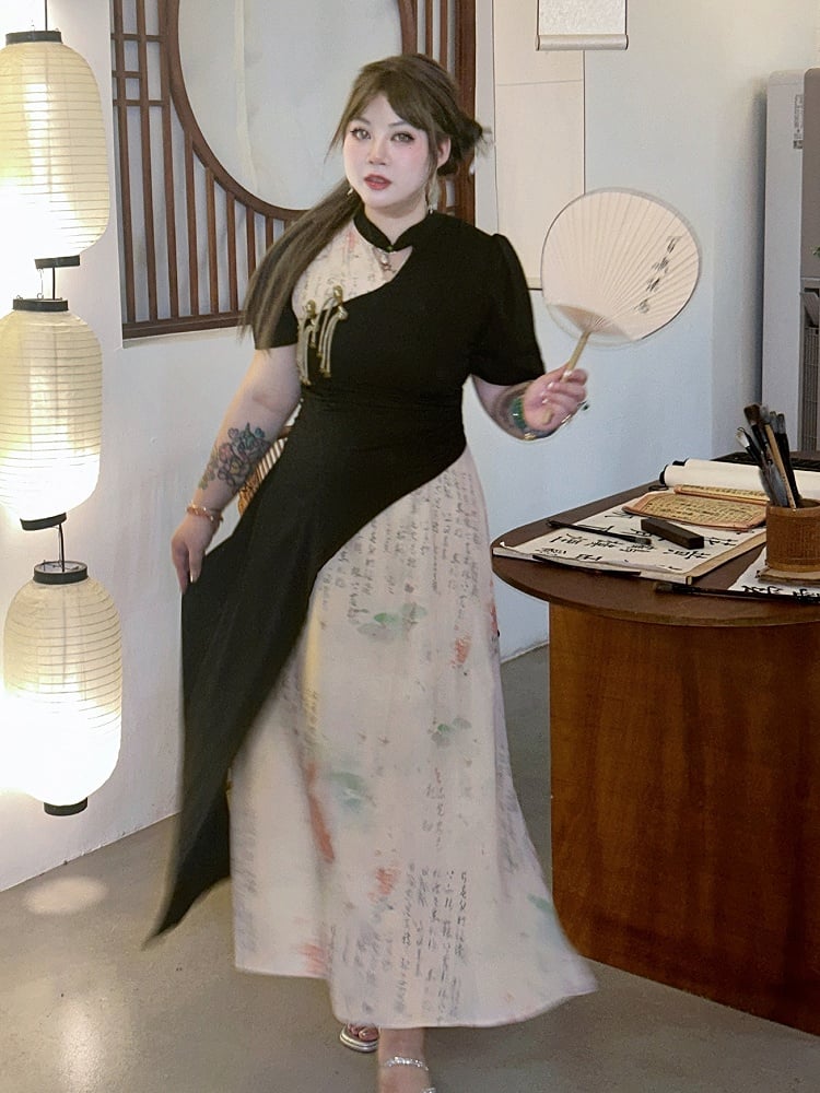 Seitenschlitz Plus Size Qipao Schwarzes Kleid Weiß und