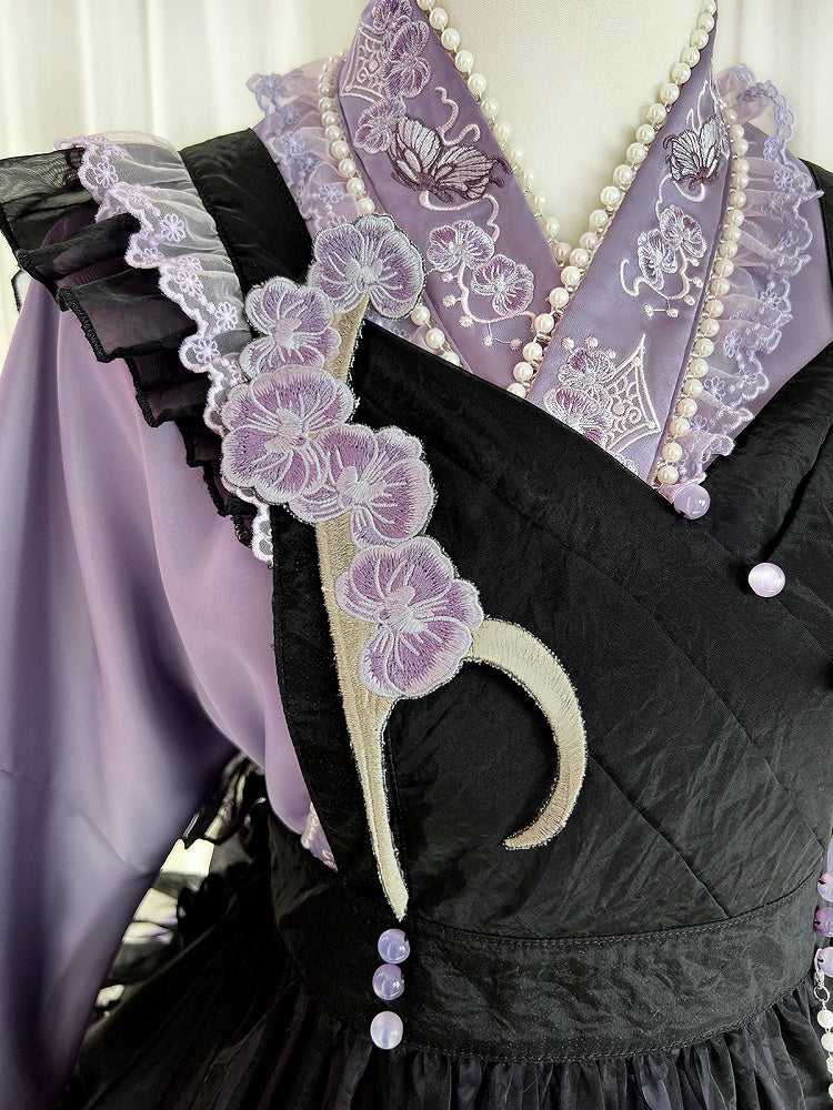 Zarte Schmetterling Schürze Lolita Kleid Schwarz Set Lila Han und Stickerei Voll Floral +