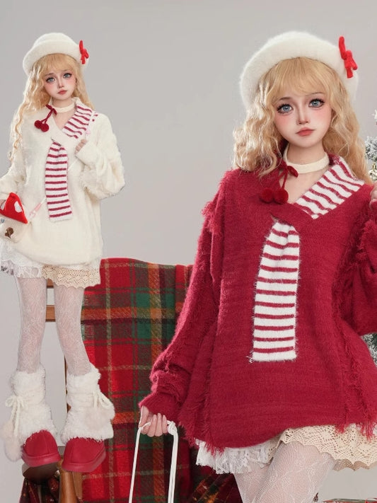 Christmas Red/White Asymmetrical Scarf Distress Trim V-neck Loose Sweater