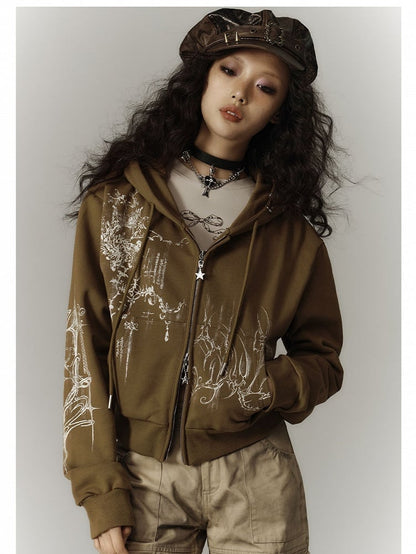 Zwei-Wege-Knopfleiste und Kordelzug Kapuze Leichte Reißverschluss-Kapuzenjacke mit Grün / Grau