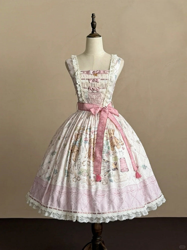 Sweet Lolita JSK Dress Set in Pink with Kawaii Bear Print and Self-Tie Belt - Treasure House