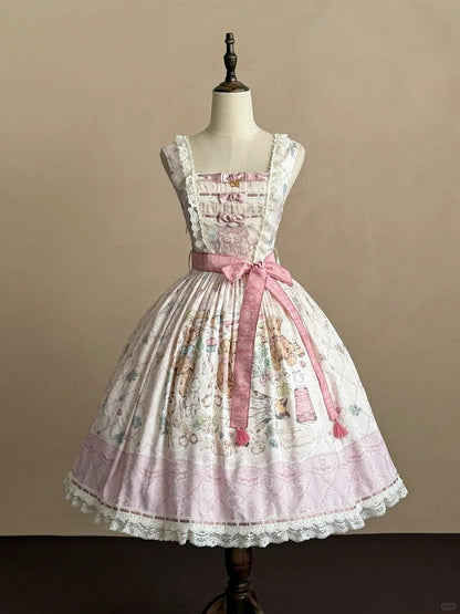 Sweet Lolita JSK Dress Set in Pink with Kawaii Bear Print and Self-Tie Belt - Treasure House