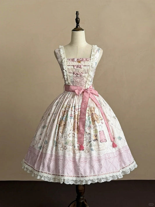 Sweet Lolita JSK Dress Set in Pink with Kawaii Bear Print and Self-Tie Belt - Treasure House