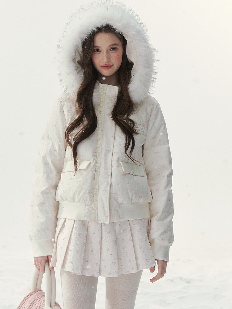 Winter Hood Jacket Trim Floral with Printed White Plush