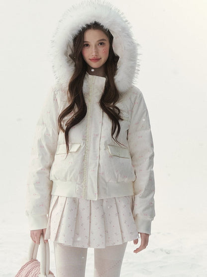Winter Hood Jacket Trim Floral with Printed White Plush