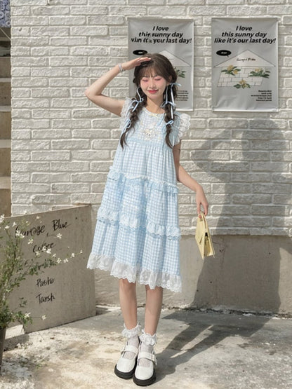 Sleeveless Dress Blue Plaid Tiered Flutter Bunny Embroidery Lace Sleeves Skirt Trim