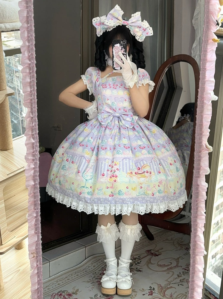 Lila Sommer und Eiscreme Lolita Sweet Cherry Kleid Print