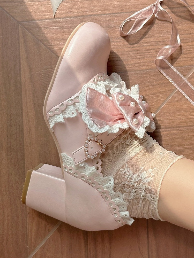 - Hem Lolita Pink Trim Lace Mid-heel Scalloped Shoes Sweet