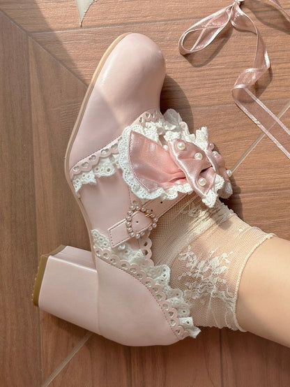 - Hem Lolita Pink Trim Lace Mid-heel Scalloped Shoes Sweet