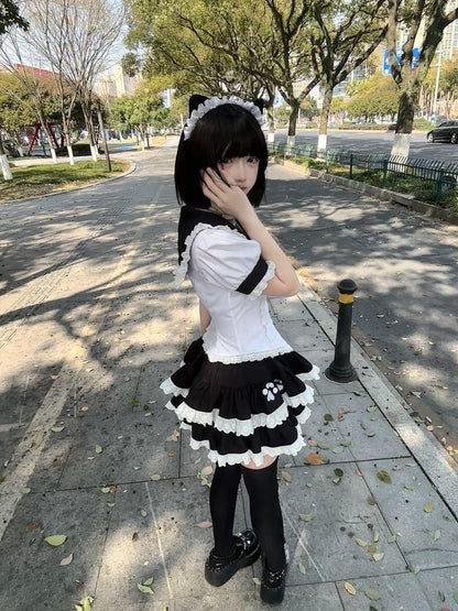 T-shirt Collar Sailor with White Tie Black Paw Kitty-Ear Embroidered