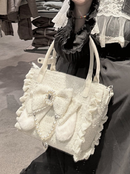 Lolita with And Bunny Charm Bow in Rhinestone Beaded - White Trim Ear Elegant Heart Triple-Carry Handbag Plush Ruffles