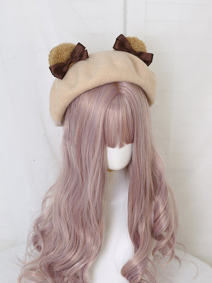 キャメル/ベージュコーヒー かわいいクマ耳ベレー帽 ウール