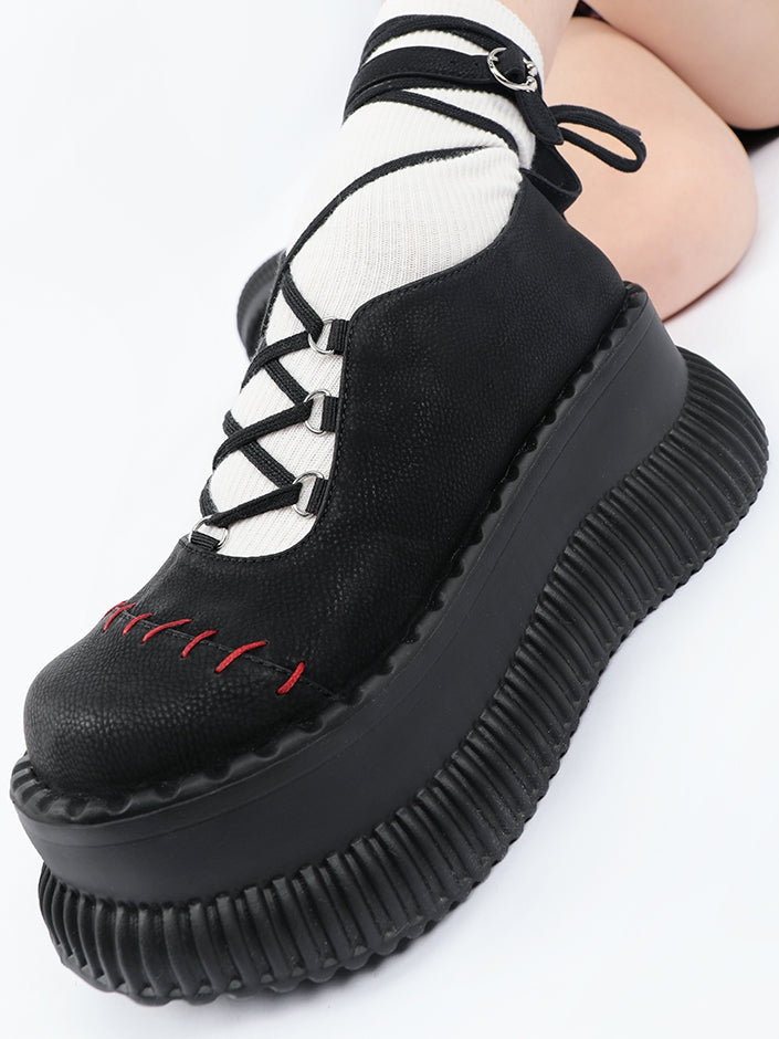 Contrast Closure with Lace-up Stitching - Crisscross Red Janes Black Platform Mary