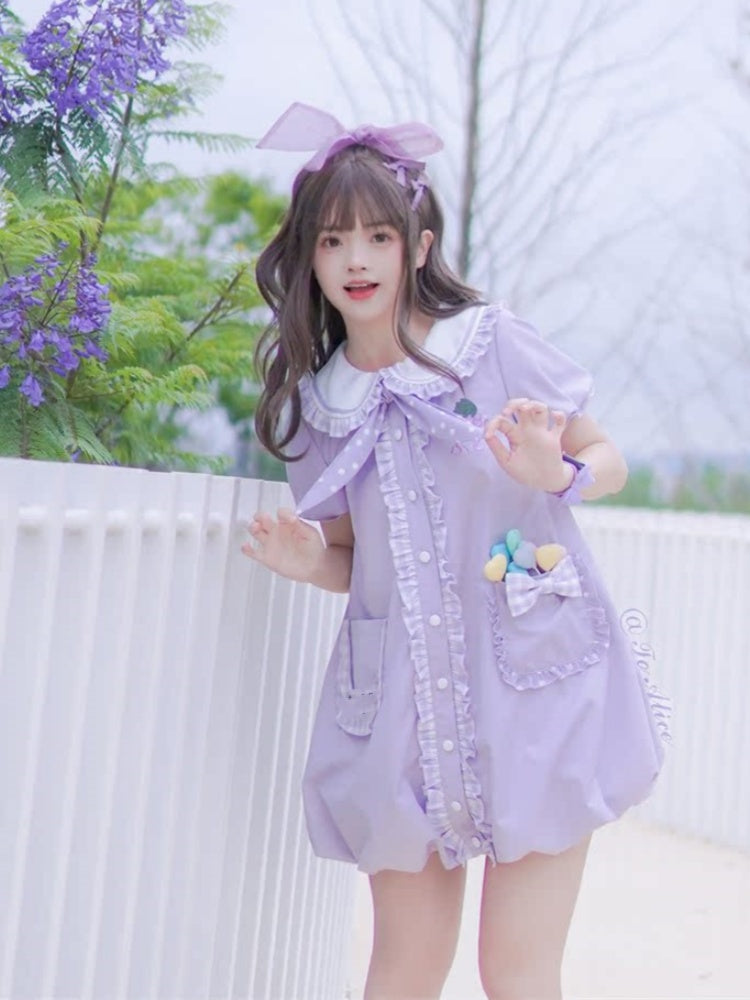 Light Purple Peter Pan Collar Puff Sleeve Grape Bubble Skirt Dress