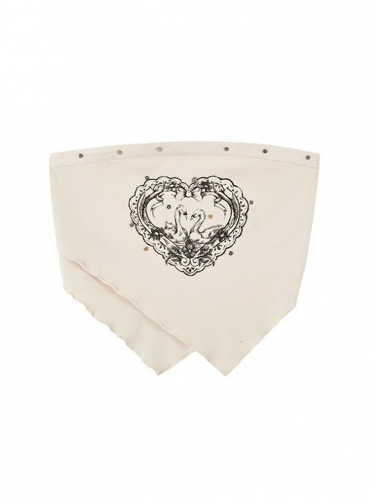 Apricot with Swan Studded Y2K Top Punk Layered Print Crop Neck Hem Strapless Triangle