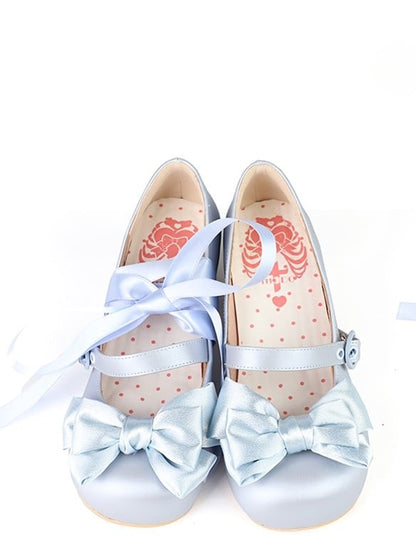 Sweet Janes Mary Ankle - Lolita Bow Top PU Blue at Round Low-heel Lace-up Toe