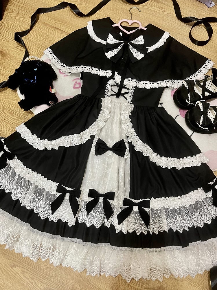 Schwarz-weißes Old School Lolita Fashion Kleid Bowknot Lolita JSK Set