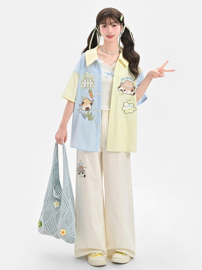 Taille Cartoon Tier Stickerei Regelmäßige/Lange Weite Bein Hosen Beige Hohe Version