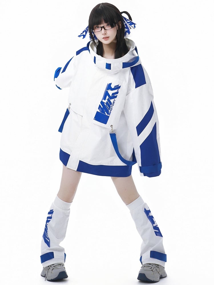 Blue and White Jirai Kei Letters Print Leg Warmers