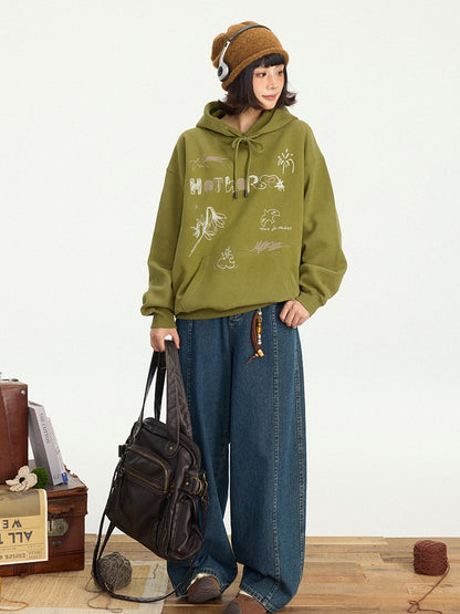 Sweat-shirt mignon à capuche avec poche avant - Imprimé à capuche vintage vert à cordon de serrage et poche kangourou