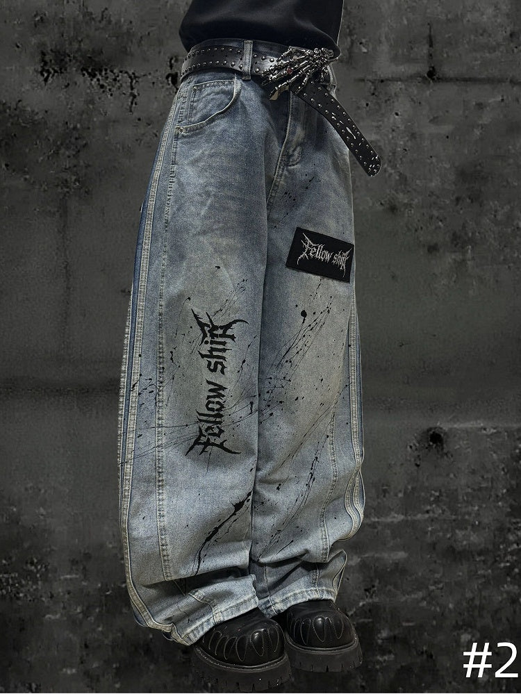 Letter Distressed Wide-leg Punk Stripes with Jeans Wasteland Pattern Light Blue
