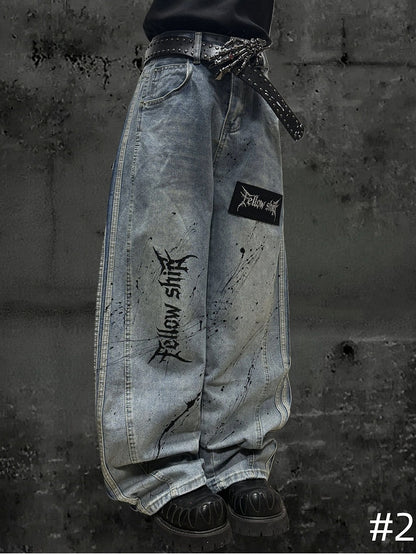 Letter Distressed Wide-leg Punk Stripes with Jeans Wasteland Pattern Light Blue